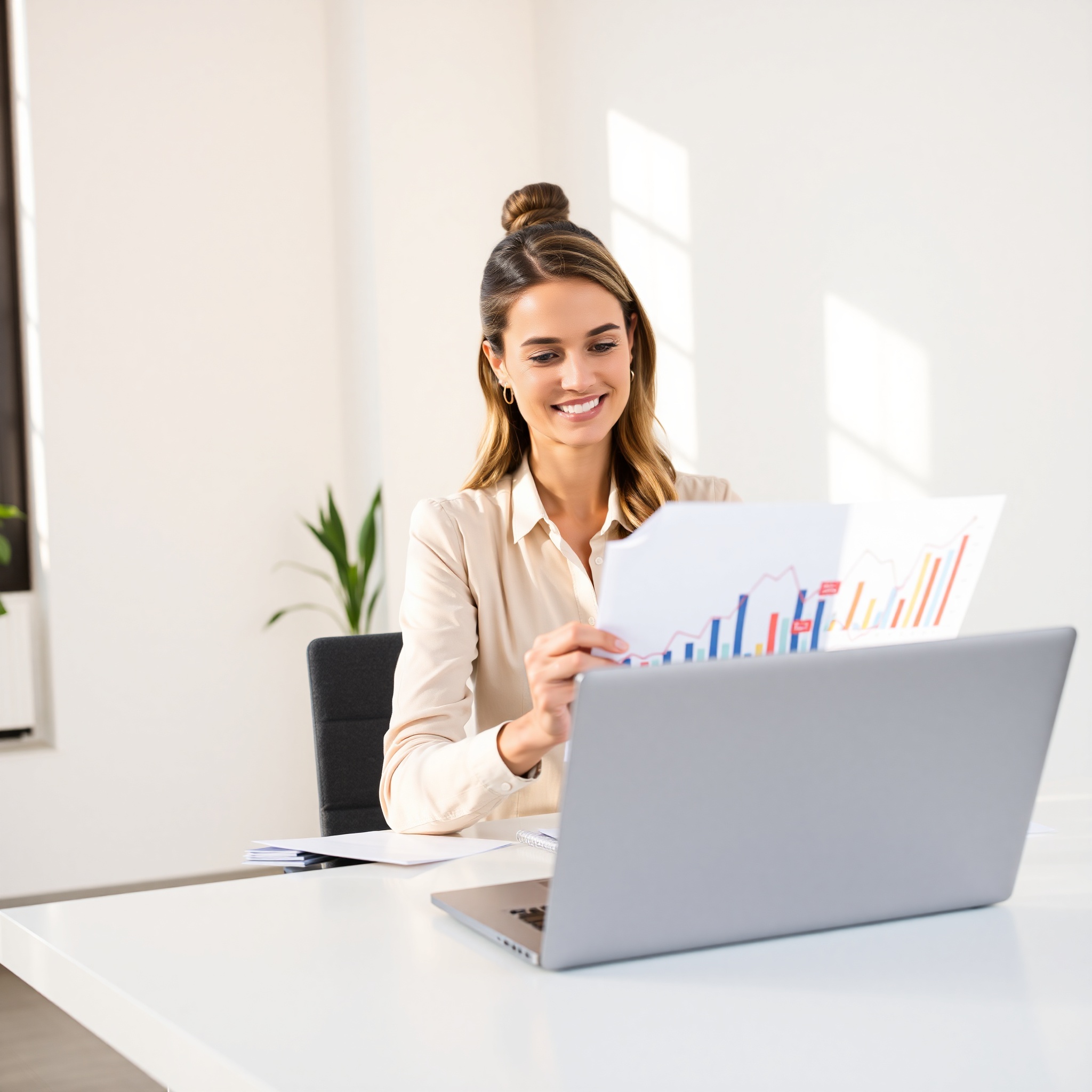 Professional woman reviewing career development strategy and financial growth charts on laptop at modern desk with natural lighting