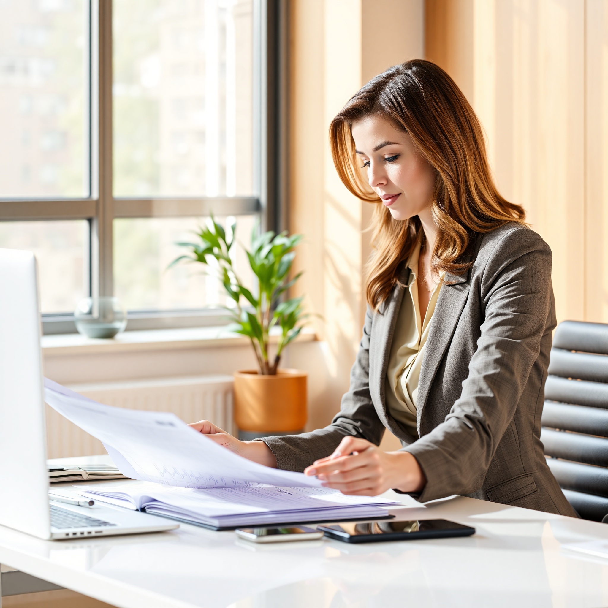 Professional woman reviewing salary documents at modern office desk with laptop and coffee cup