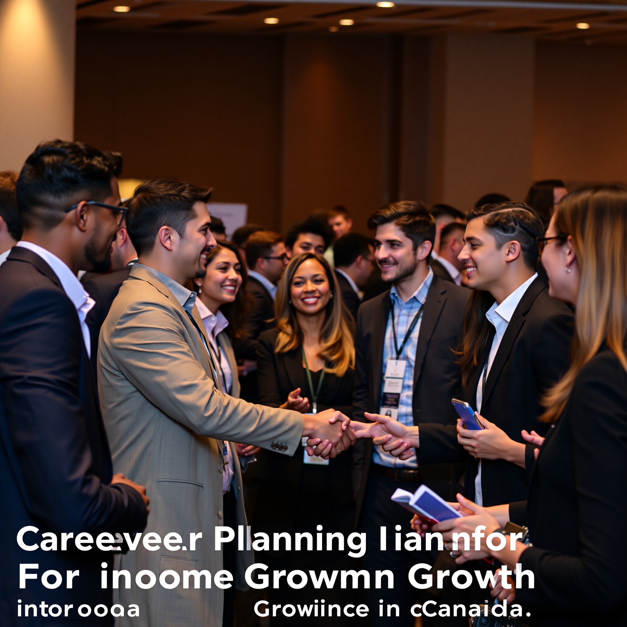 Professional networking event with diverse business professionals exchanging business cards and conversations