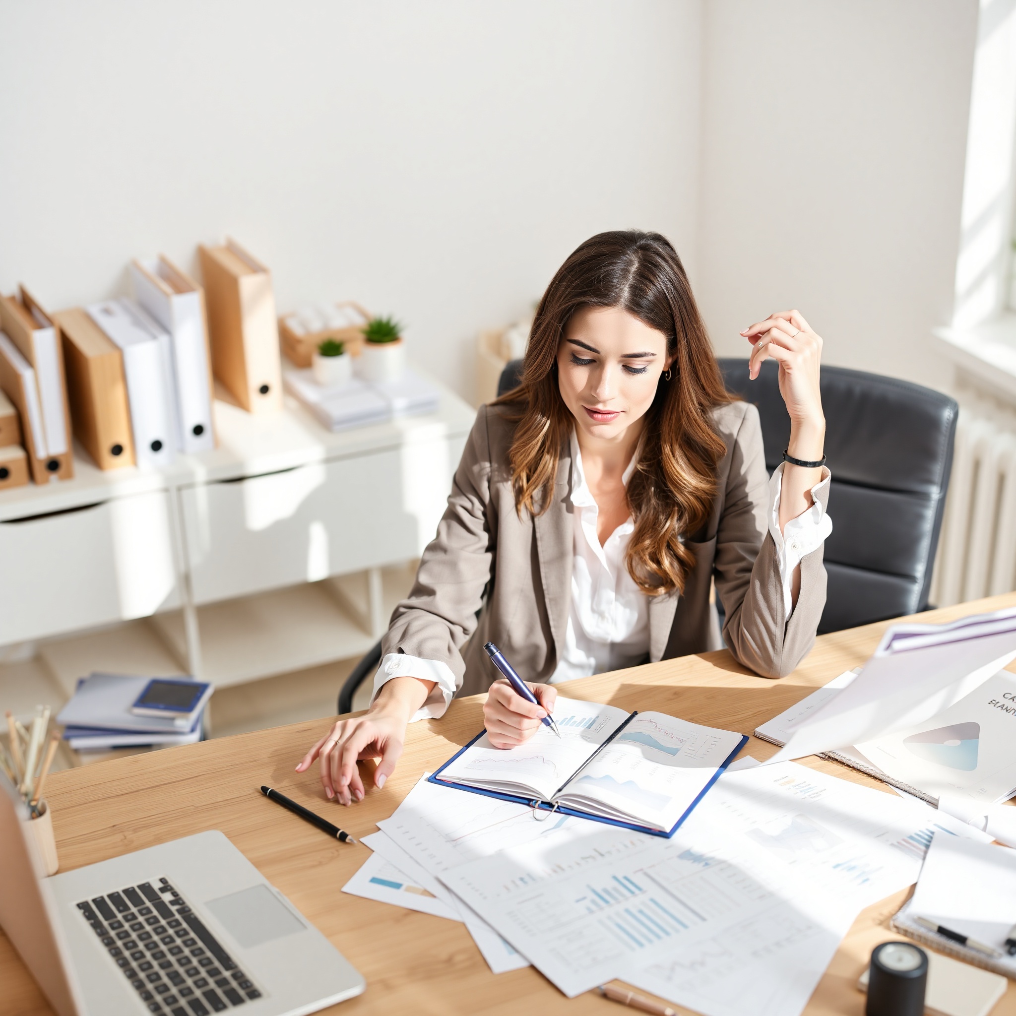 Professional woman creating strategic career roadmap on notebook with strategic planning materials and career development charts on desk