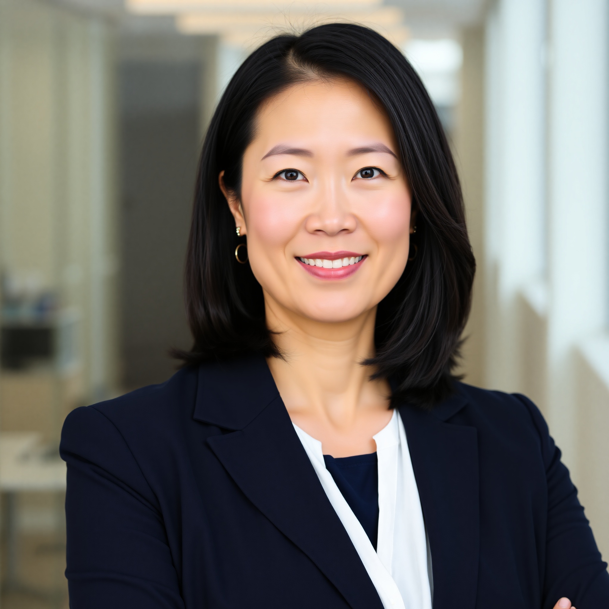 Sarah Chen, 34-year-old marketing professional from Toronto with shoulder-length black hair and professional business attire