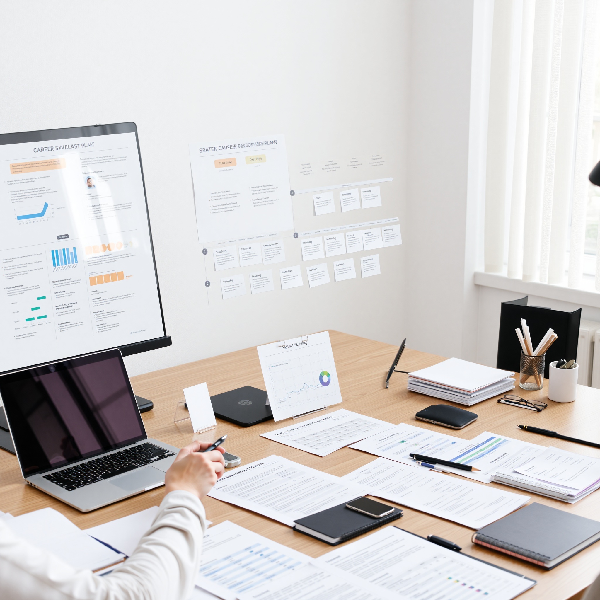Professional strategizing career development plan with visual planning materials