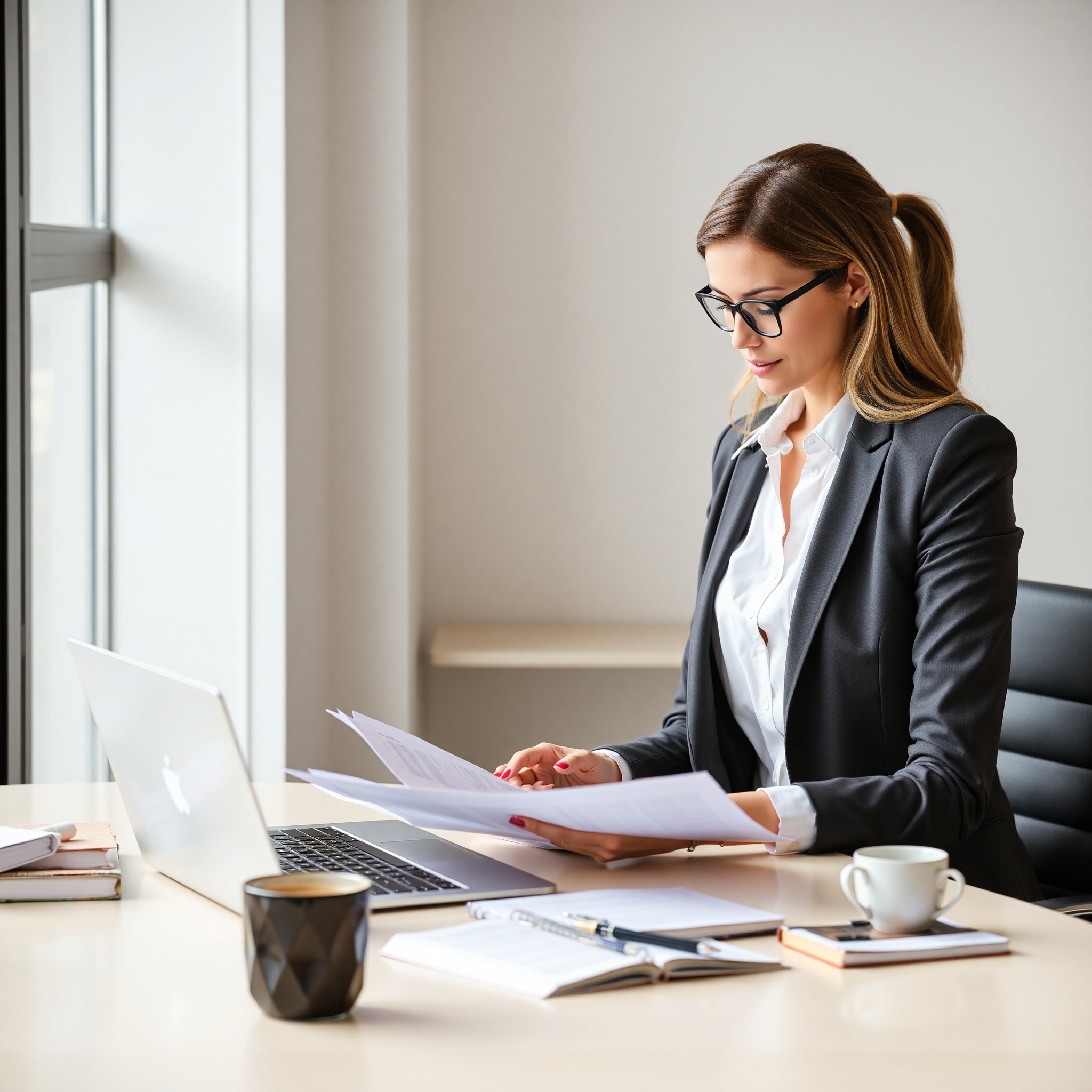Professional woman studying career development materials at modern office workspace