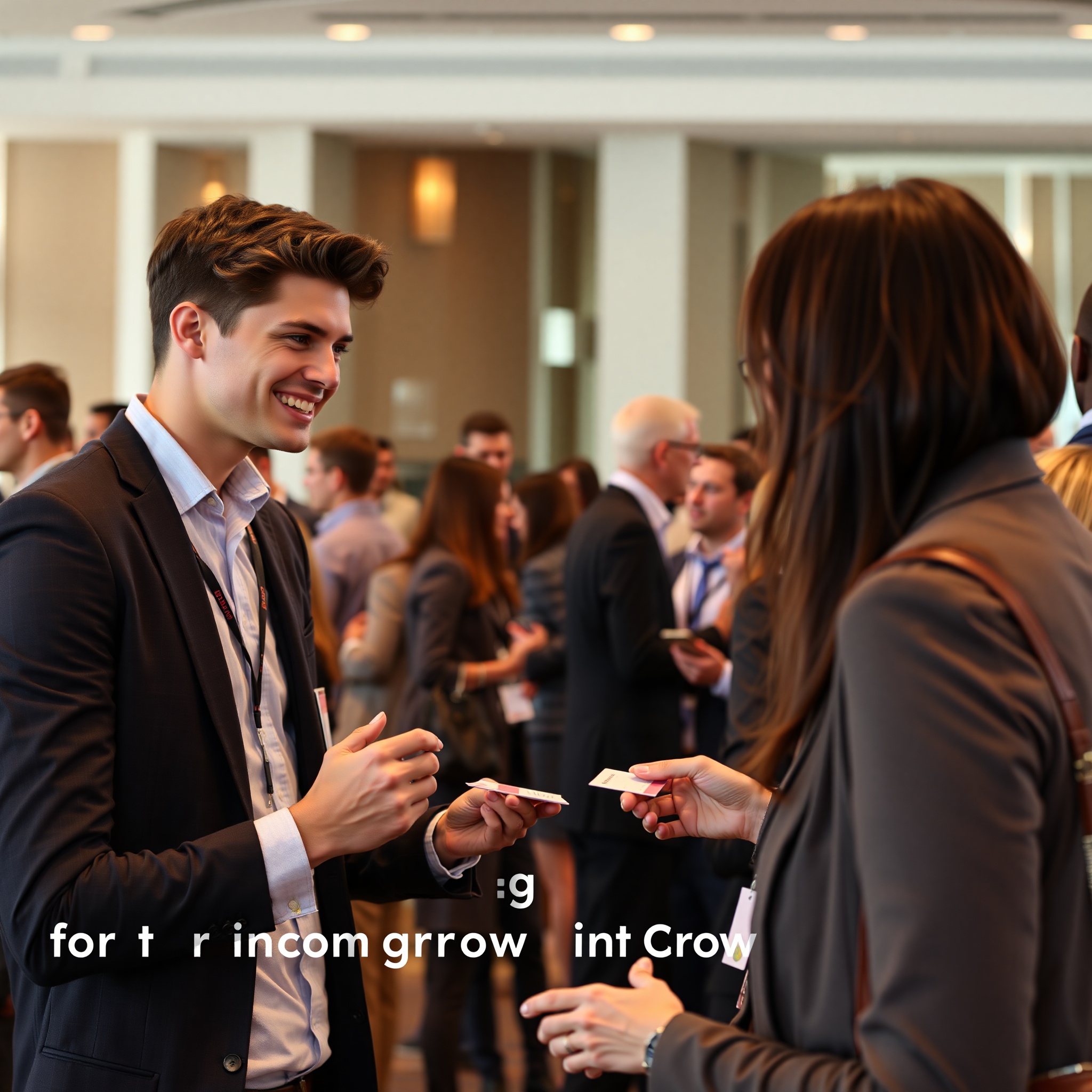 Young professional attending networking event with colleagues, exchanging business cards and conversing